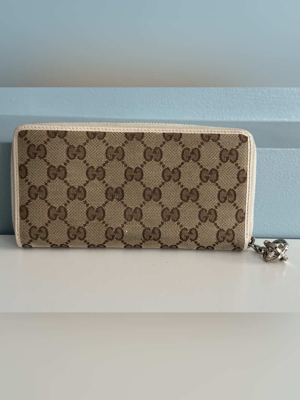 Gucci Brown Monogram Zip Wallet with Cream Trim